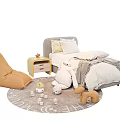 Children's Bed With Light Gray Headboard White Gray Bedding Yellow Nightstand Round Rug And Toys