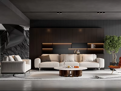 Modern Living Room Interior With Beige Sofa Round Coffee Table Wooden Shelves And Green Plant 3d model