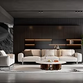 Modern Living Room Interior With Beige Sofa Round Coffee Table Wooden Shelves And Green Plant