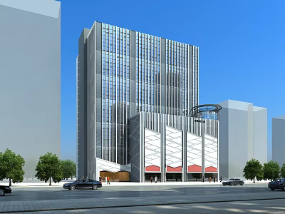 Modern Tall Office Building With Glass Curtain Wall And Urban Street Featuring Cars And Trees 3d model