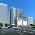 Modern Tall Office Building With Glass Curtain Wall And Urban Street Featuring Cars And Trees