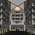 Stunning Library Building Interior With Geometric Ceiling Design Multi Level Bookshelves And Spacious Seating Areas