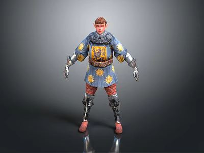 Man In Medieval Armor With Blue Tunic Yellow Sun Patterns Red Pants And Guards 3d model