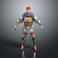 Man In Medieval Armor With Blue Tunic Yellow Sun Patterns Red Pants And Guards