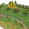 Scenic Garden with Palm Trees Stone Walls Clay Pots and People Walking
