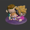 Family Dolls With Brown And Blonde Hair Sitting On Purple Base In Blue Pink Outfits