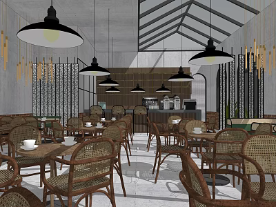 Modern Café Interior With Wicker Chairs Black Pendant Lights And Glass Ceiling 3d model