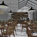 Modern Café Interior With Wicker Chairs Black Pendant Lights And Glass Ceiling