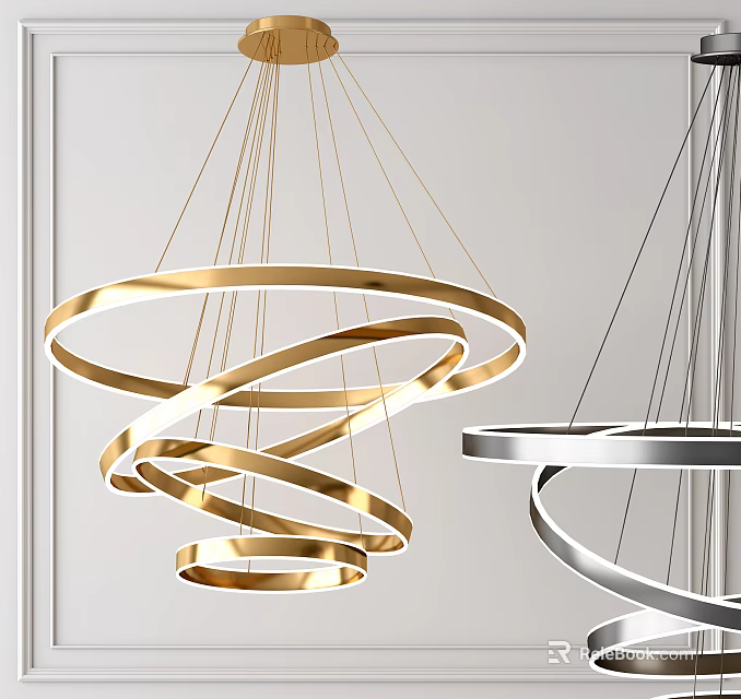 Stylish Golden and Silver Chandeliers Featuring Circular Ring Design and Multiple Hanging Layers 3d model