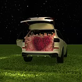 White SUV Open Trunk Filled With Red Roses Under Starry Night Sky And Green Grass