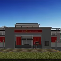 Fire Station Entrance Gate with Red Gate Chinese Style Roof Gray Walls Yellow Parking Lines