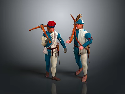 Two Historical Characters In Blue White Attire With Hats And Long Weapons 3d model