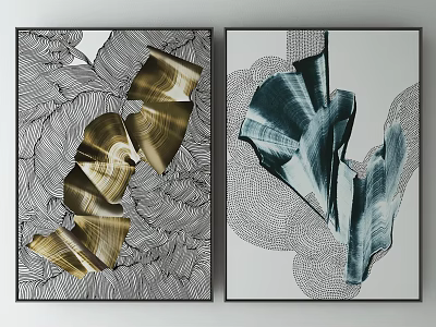 Abstract Wall Art Prints With Gold Blue Green Intricate Line Patterns For Modern Decor 3d model