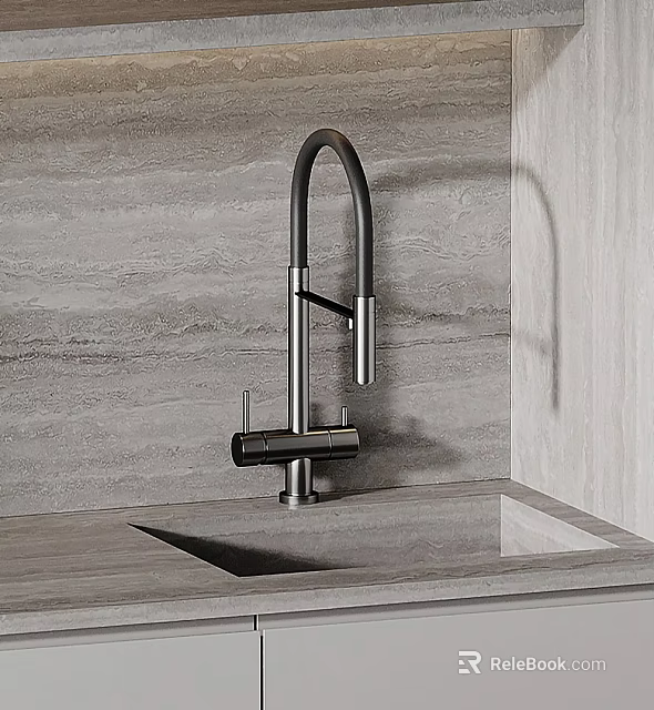 Sleek Modern Stainless Steel Kitchen Faucet With Sink On Gray Countertop And Wall Backdrop 3d model 