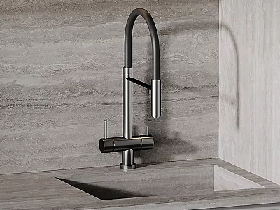 Sleek Modern Stainless Steel Kitchen Faucet With Sink On Gray Countertop And Wall Backdrop 3d model
