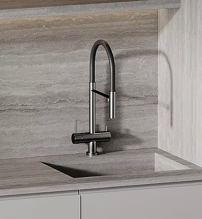Sleek Modern Stainless Steel Kitchen Faucet With Sink On Gray Countertop And Wall Backdrop 3d model