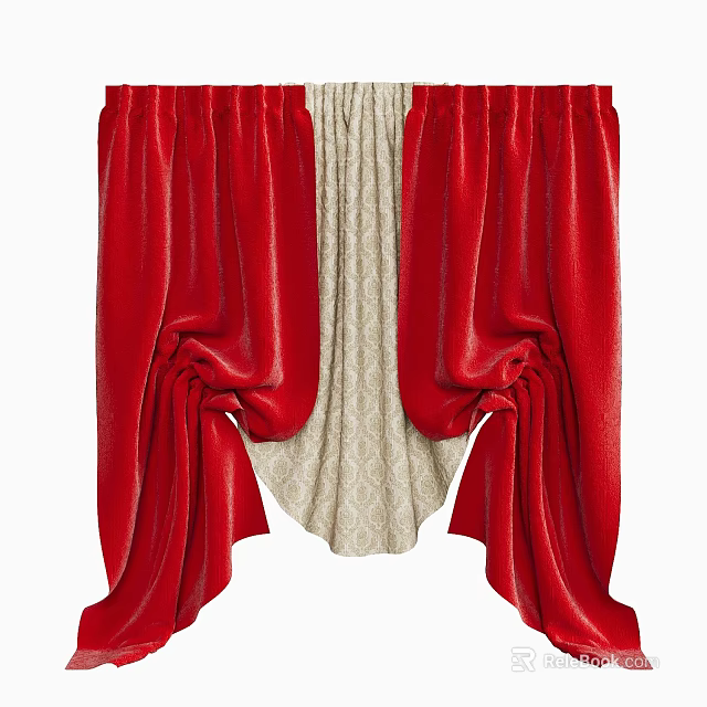 Red Velvet Curtains With Beige Patterned Inner Layer And Elegant Drapery Design 3d model