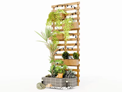 Vertical Wooden Trellis Garden Decor With Multiple Planters Green Plants Brick Base And Decorative Stones 3d model