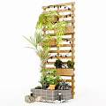 Vertical Wooden Trellis Garden Decor With Multiple Planters Green Plants Brick Base And Decorative Stones