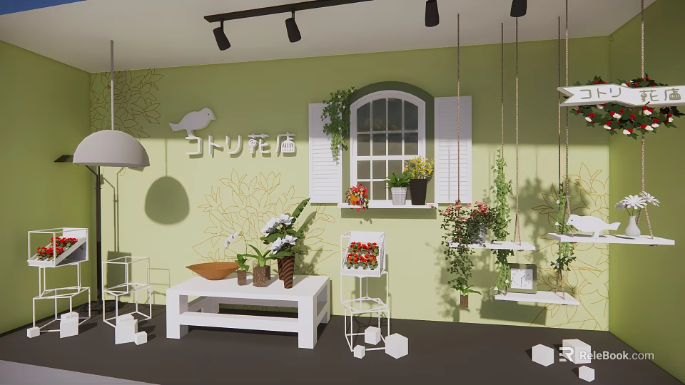 Green Wall Flower Shop Interior With Window White Shutters Hanging Plants And Flower Bouquets 3d model 