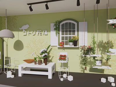 Green Wall Flower Shop Interior With Window White Shutters Hanging Plants And Flower Bouquets 3d model