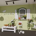 Green Wall Flower Shop Interior With Window White Shutters Hanging Plants And Flower Bouquets