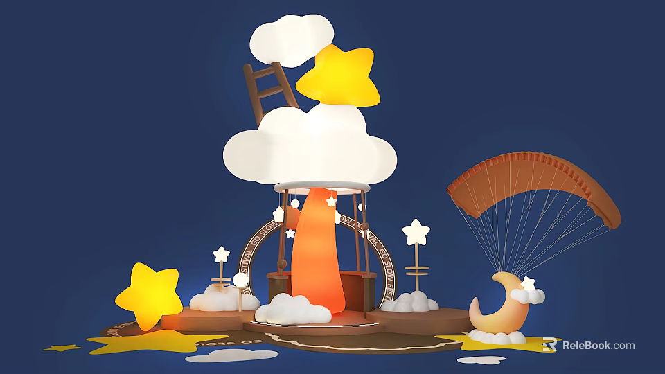 Whimsical Art Installation With Clouds Stars Ladder Parachute Moon And Orange Structure 3d model 