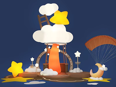 Whimsical Art Installation With Clouds Stars Ladder Parachute Moon And Orange Structure 3d model