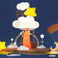 Whimsical Art Installation With Clouds Stars Ladder Parachute Moon And Orange Structure