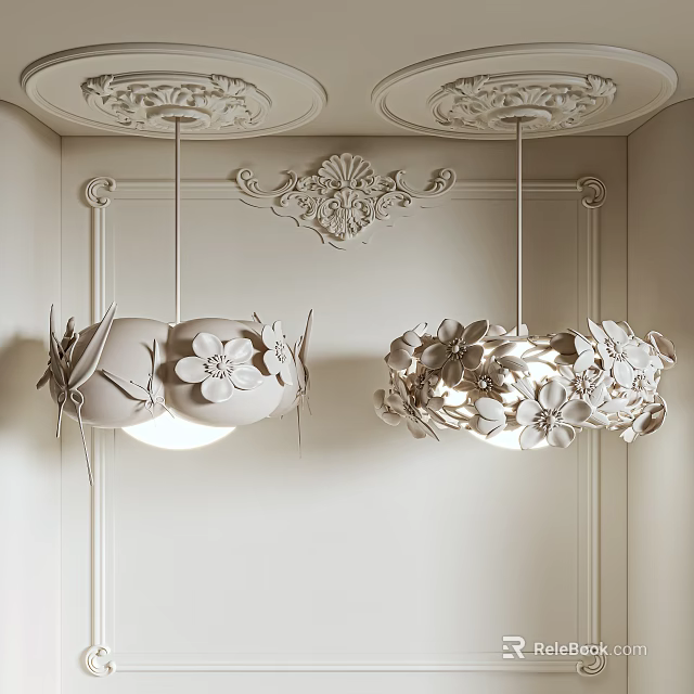 Elegant White Chandeliers With Decorative Floral Designs Hanging From Ornate Ceiling 3d model 