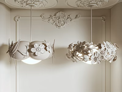 Elegant White Chandeliers With Decorative Floral Designs Hanging From Ornate Ceiling 3d model