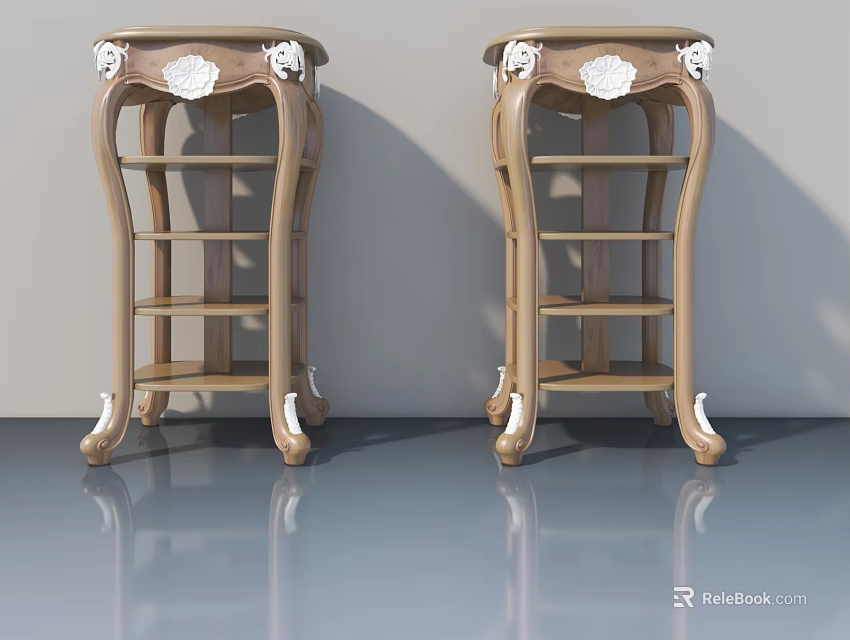 Downlights and Spotlights Illuminating Interior With Two Wooden Side Tables Carved Decorations on Gray Floor 3d model 
