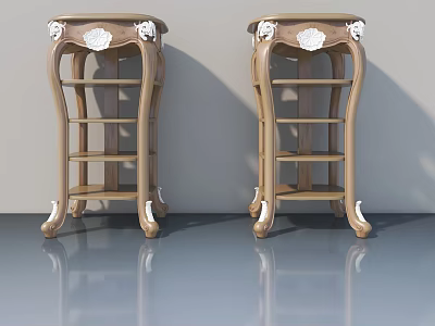 Downlights and Spotlights Illuminating Interior With Two Wooden Side Tables Carved Decorations on Gray Floor 3d model