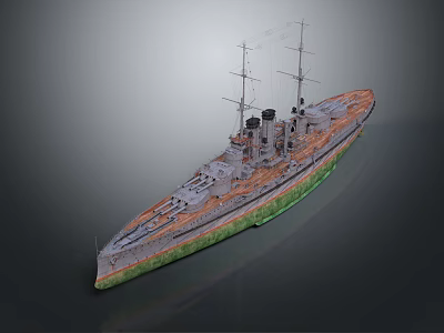 Old Battleship 3D Model With Multiple Masts Smokestacks Gray And Orange Brown Hull 3d model