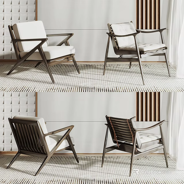 Minimalist Leisure Chairs With Wooden Frame Light Colored Cushions And Armrests 3d model 