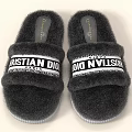 Beige Fluffy Home Slippers With Black Letter Straps And Logo Design