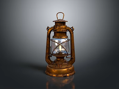 Vintage Kerosene Lamp With Rustic Metal Body And Glass Shade Lit Wick 3d model