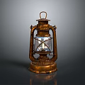 Vintage Kerosene Lamp With Rustic Metal Body And Glass Shade Lit Wick