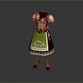 Green And Brown Traditional Women's Dress With Short Sleeves White Lace Trim And Matching Shoes