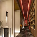 Luxurious Hotel Corridor Interior With Polished Marble Floors Red Ceiling And Pendant Lights