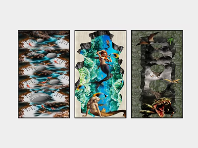 Three Panel Decorative Wall Art With Ocean Mermaid And Prehistoric Creatures 3d model