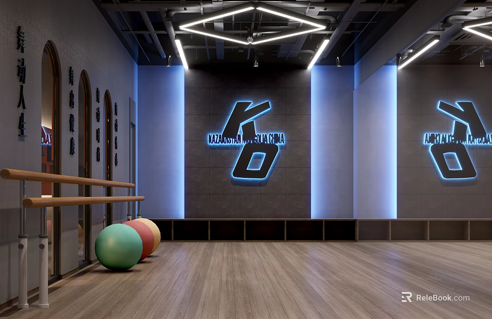 KILO FITNESS Modern Fitness Studio With Exercise Balls Wooden Floor And Blue Neon Lights 3d model 