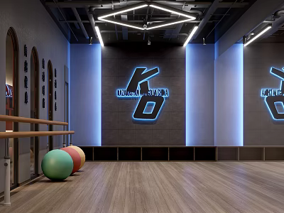 KILO FITNESS Modern Fitness Studio With Exercise Balls Wooden Floor And Blue Neon Lights 3d model