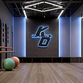KILO FITNESS Modern Fitness Studio With Exercise Balls Wooden Floor And Blue Neon Lights