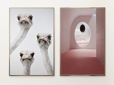 Decorative Wall Art Prints Featuring Ostriches And Pink Room With Circular Window And Moon 3d model