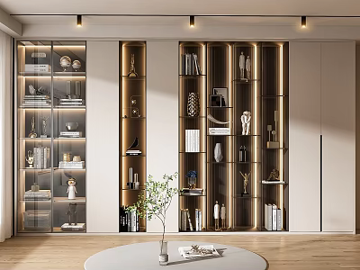 Modern Built-in Bookshelf with Glass Doors Decorative Items and Warm Lighting 3d model