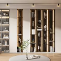 Modern Built-in Bookshelf with Glass Doors Decorative Items and Warm Lighting