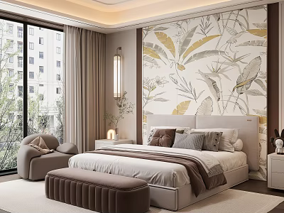 Elegant Modern Bedroom Interior Design With Leafy Mural King Bed And Floor to Ceiling Windows 3d model