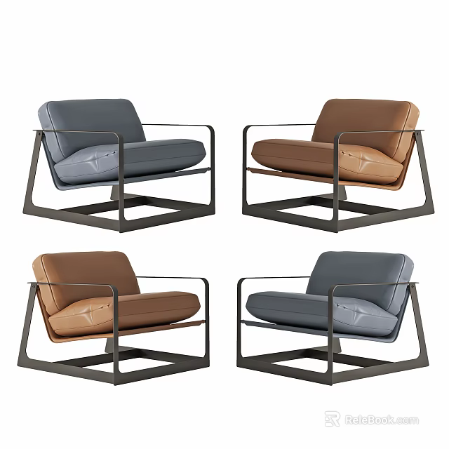 Modern Single Sofa In Gray And Brown Leather With Metal Frame Design 3d model