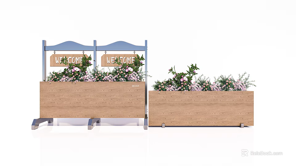 Wooden Flower Planters with Welcome Signs Pink Flowers and Green Foliage for Outdoor Garden Decoration 3d model 